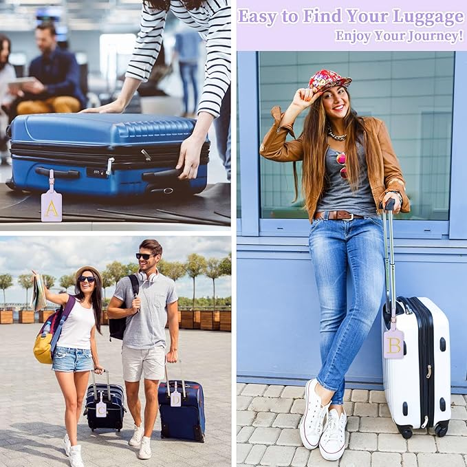 Personalized Initial Luggage Tags for Suitcase, Purple Leather Cute Luggage Tags with Privacy Cover Name Card, Embroidered Custom Monogrammed Luggage Tag Travel Backpack Tags Gifts for Women Kids(K)