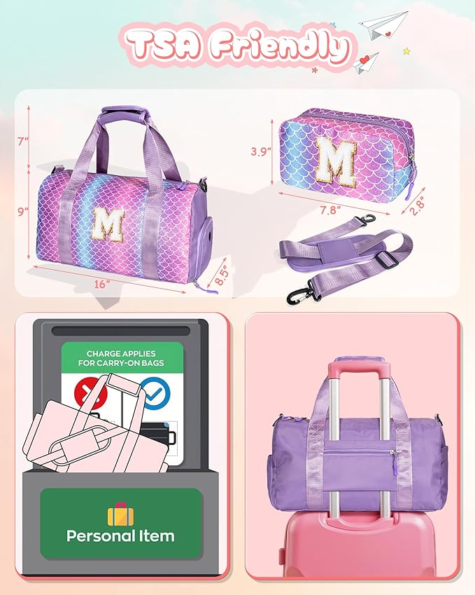Birthday Gifts for Granddaughter-Girl Gym Bag with Shoe Compartment, Kid Personalized Weekender Overnight Bags, Initial Travel Tote with Makeup Pouch Valentine's Day Gift for Kids (Letter I)