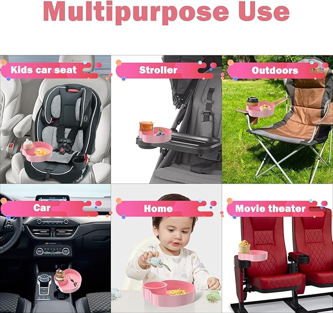 [2 Packs Blue & Pink] Kids Car Seat Tray, Travel Tray with Cup Holder for Toddler Baby, Kids Car Seat Food Snack Organizer for Road Trip, Stroller snack Organizer Travel Must Haves Toddler Must Haves