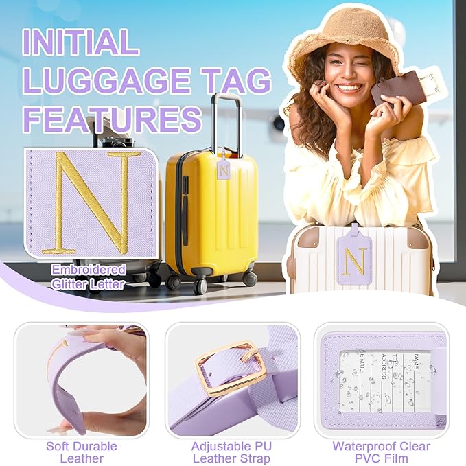 Personalized Initial Luggage Tags for Suitcase, Purple Leather Cute Luggage Tags with Privacy Cover Name Card, Embroidered Custom Monogrammed Luggage Tag Travel Backpack Tags Gifts for Women Kids(N)