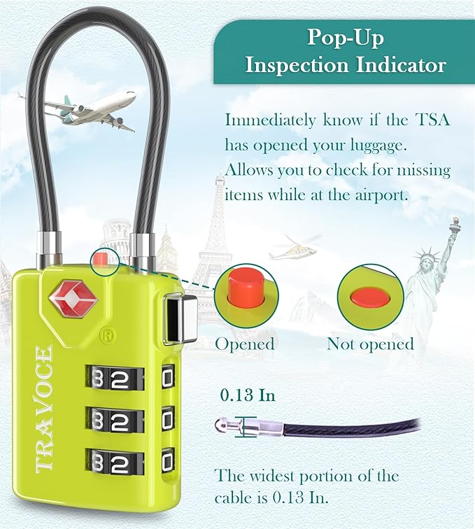 Search Alert TSA Approved Travel Combination Luggage Cable Locks for Suitcase, Gym Locker,Toolbox,Backpack 1,2,4,6 &10 pk (Three Colors)