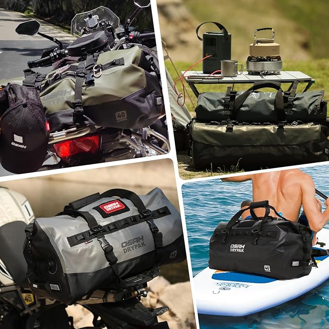 Waterproof Duffel Bag - Motorcycle Dry Bag 40L Tail Bag with Large Storage Space, Waterproof Duffle Bags with Outer Mesh Zipper Pocket for Camping, Kayaking, Fishing & Traveling-Grey