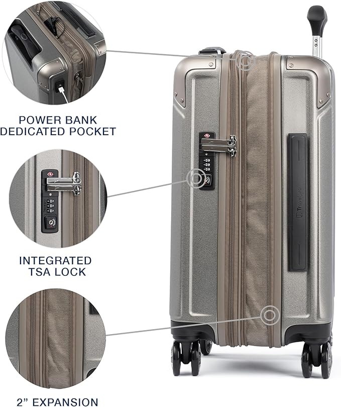 Travelpro Platinum Elite Hardside Expandable Carry on Luggage, 8 Wheel Spinner, TSA Lock, Hard Shell Polycarbonate Suitcase, Metallic Sand, Compact Carry on 20-Inch