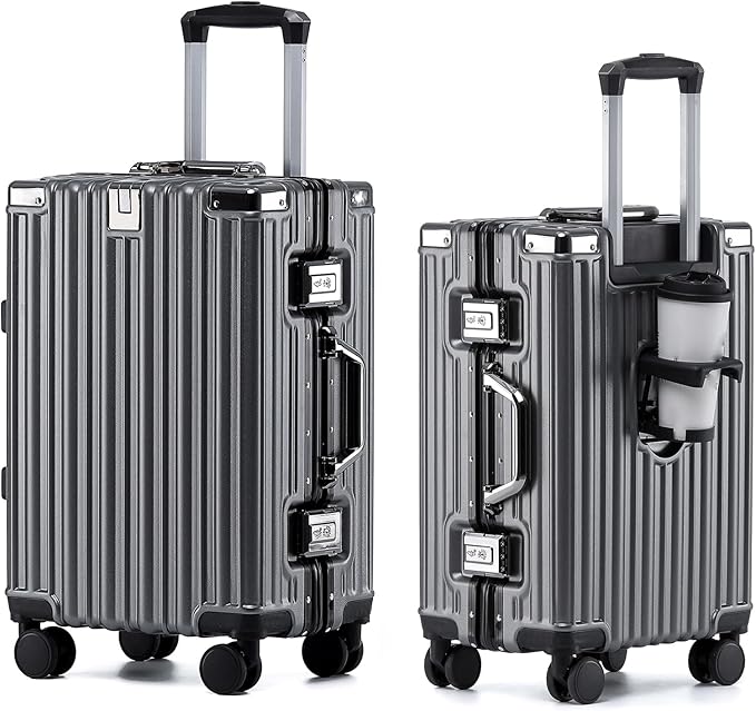 HotWay 26 Inch Aluminum Frame Luggage with Spinner Wheels, PC Hard Shell Suitcase with Cup Holder, Zipperless Luggage for Business Travel, Gray