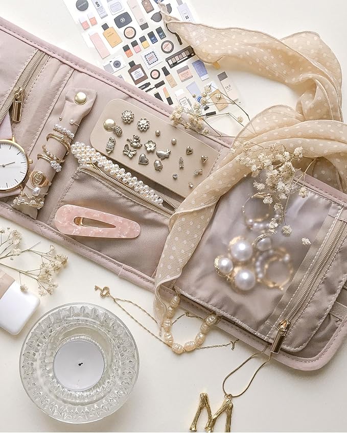 BAGSMART Travel Jewelry Organizer Case Foldable Jewelry Roll for Journey Rings, Necklaces, Earrings, Bracelets,Mini,Soft Pink