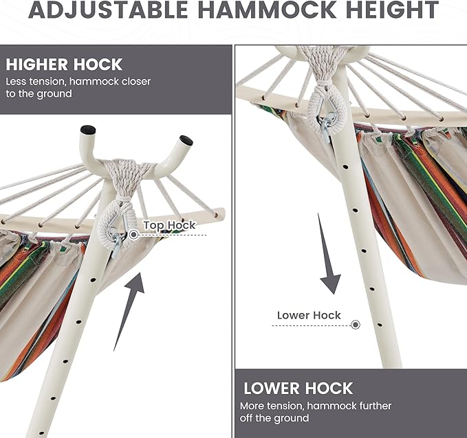 LazyDaze Hammocks Double Hammock with Stand - 2 Person Heavy Duty Outdoor Hammock for Adults, Includes Durable Steel Stand, Portable Carrying Bag and Pillow, Rainbow Stripes