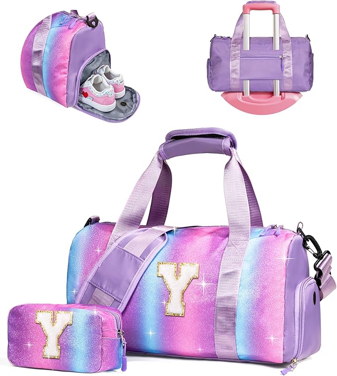 Daughter Birthday Gifts-Girl Gym Bag with Shoe Compartment, Kid Personalized Weekender Overnight Bags, Initial Travel Tote with Makeup Pouch, Graduation Gift for Girls (Letter Y)