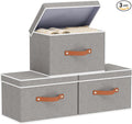 Collapsible Storage Bins with Lids, 3 Pack Linen Foldable Cloth Baskets, 15 x 9.8 x 9.8 Inch Closet Organizer Containers with Double Handles, Sweater Boxes for Bedroom, Grey
