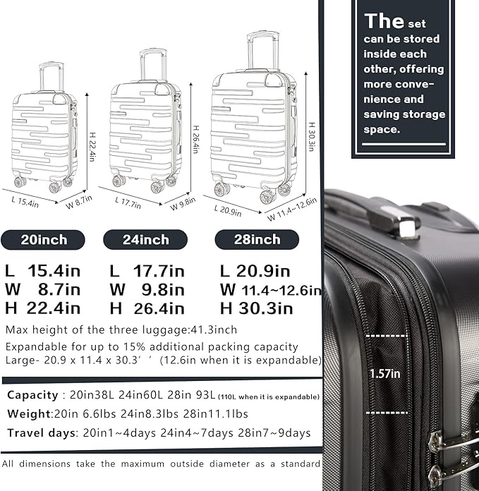 Coolife Luggage Expandable(only 28") Suitcase 3 Piece Set with TSA Lock Spinner 20in24in28in (champagne)