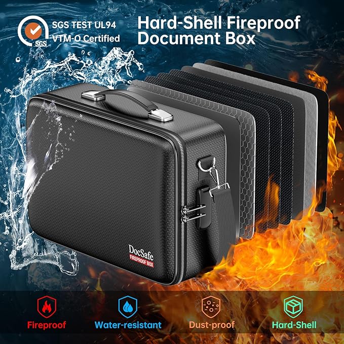 DocSafe Fireproof Document Box with Lock, Hard Case File Organizer with Accordion File Folder, Fireproof Water Resistant Safe Box Home Office Travel Storage for Important Documents Laptop Black