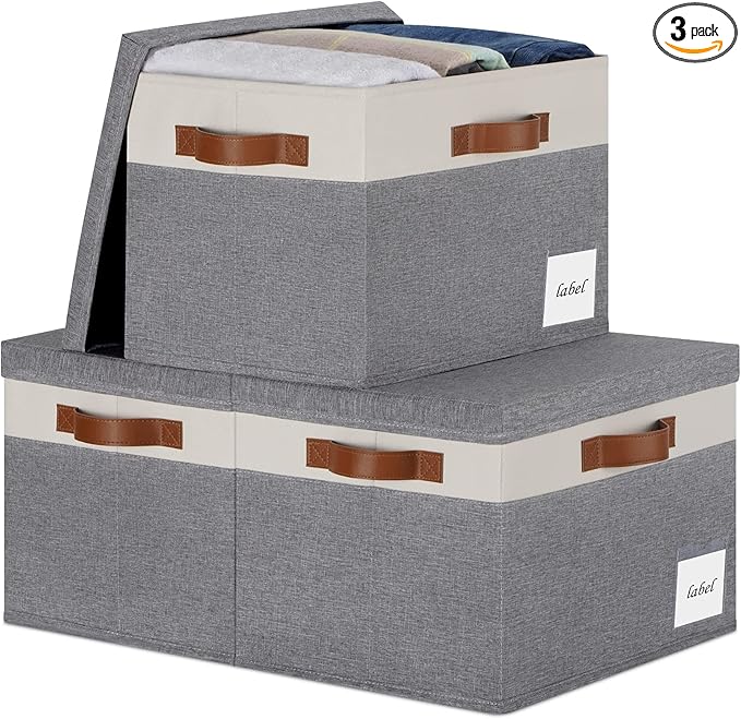 Extra Large Storage Bins with Lids, Foldable Fabric Storage Baskets with Lids, Sturdy Storage Boxes with Labels and 3 PU Handles for Closet Home Bedroom Office (32L, 3 Packs, Grey&White)