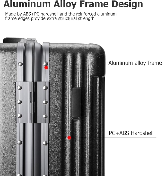feilario 20in Aluminium Frame PC Hard Shell Spinner Wheels Luggage, Built-In TSA lock Carry on Suitcase, with Cup Holder, USB Port, Phone Holder