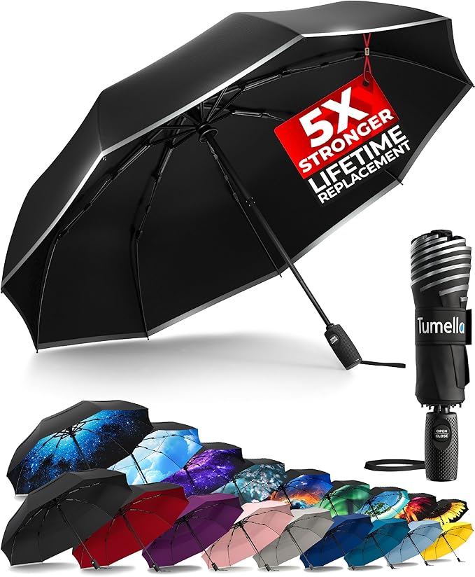 TUMELLA Strongest Windproof Travel Umbrella (Compact, Superior & Beautiful), Small Strong but Light Portable and Automatic Folding Rain Umbrella, Durable Premium Grip, Fits Car & Backpack