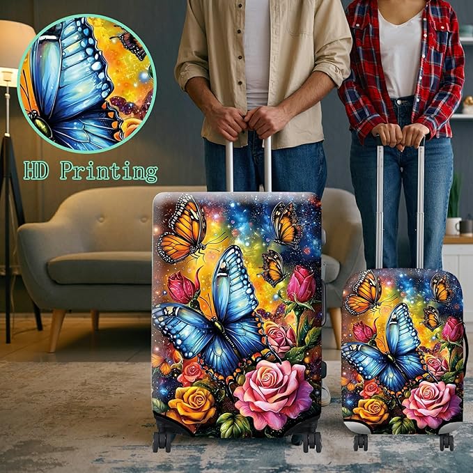 Luggage Cover + Tag, Colorful Rose Butterfly Travel Suitcase Cover for 18-20 inch Luggage (S) with Concealed Zipper, Washable Elastic Cloth, Dustproof, Anti-Scratch