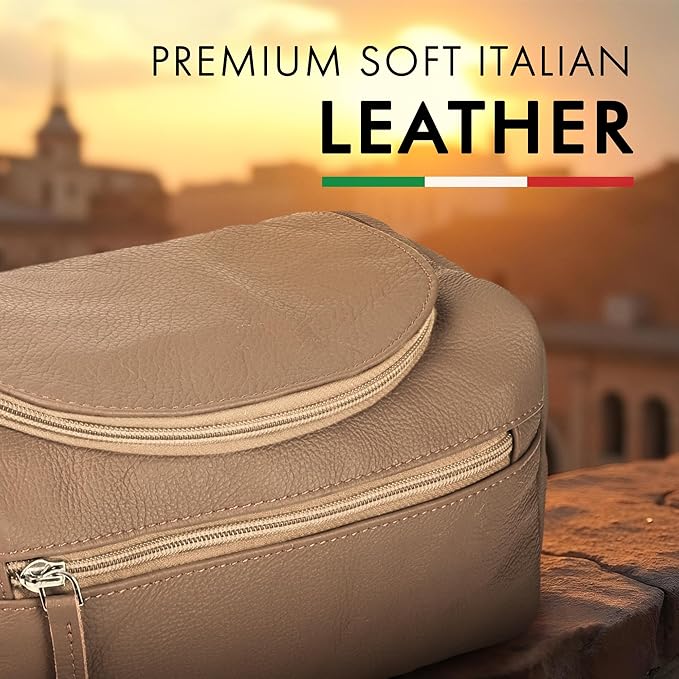 ELIZO Premium REAL Leather Toiletry Bag for Men Dopp Kitt Hanging Mens Toiletry Large TSA Toiletries Bag Shaving Grooming Bag Organizer Cream