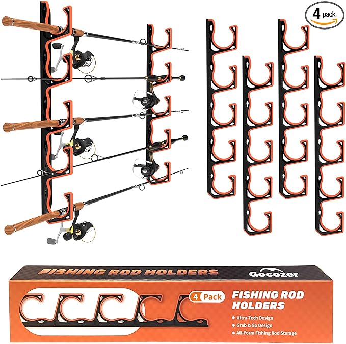 Fishing Rod Holder for Garage, H5 Wall or Ceiling Mounted Fishing Pole Holders with Soft Protective Pad, Fishing Rod Storage Organizer, Horizontal Fishing Rod Wall Mount Nets Storage (4 PACK)