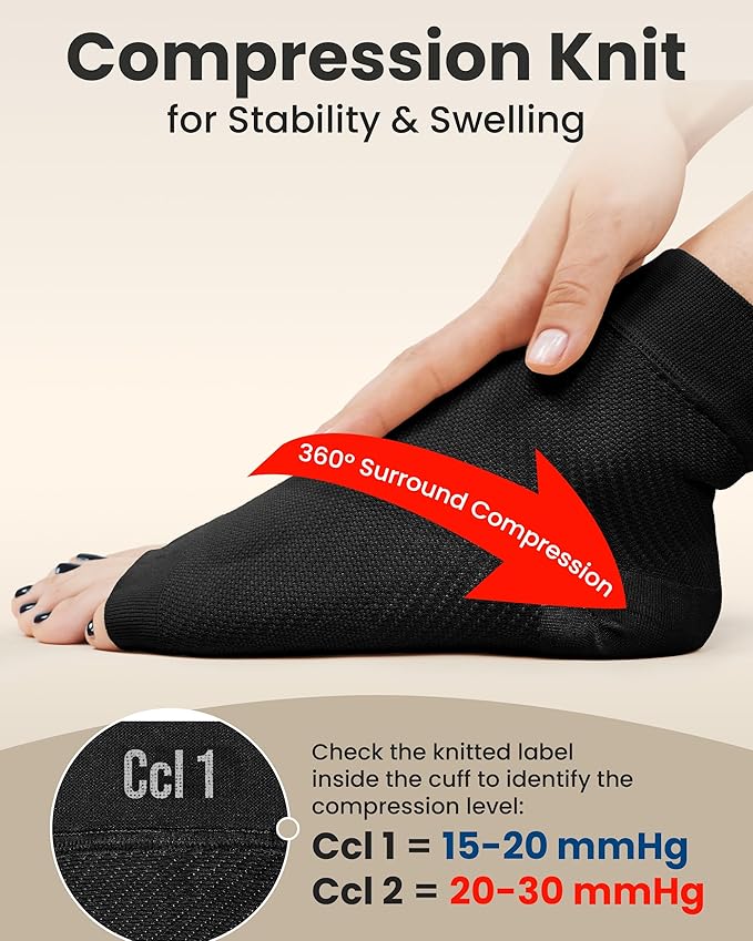 KEMFORD Ankle Compression Sleeve - Plantar Fasciitis Braces - Open Toe Compression Socks for Swelling, Sprain, Neuropathy, Foot Arch Support for Men and Women - 20-30mmhg, M, Black