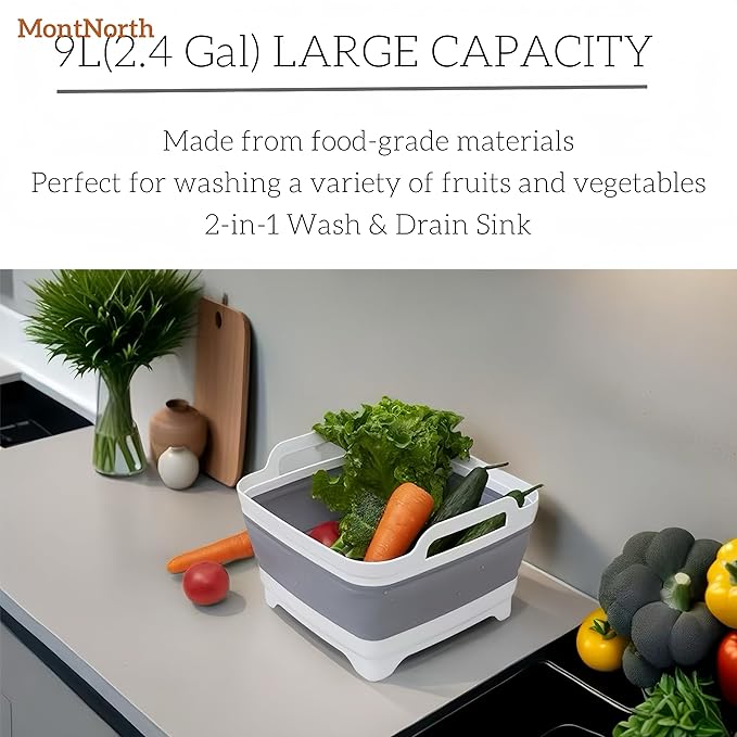 Collapsible Wash Basin 9L, Foldable Dish Tub with Drain Plug, Portable Collapsible Dish Basin, Camping Sink for Washing Dishes, Laundry & Kitchen Use,Gray