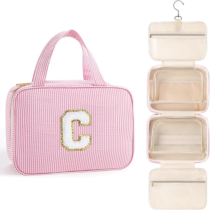TOPEAST Travel Toiletry Bag - Hanging Toiletry Bag for Women, Large Capacity Personalized Travel Toiletry Bag and Makeup Bag, Portable Travel Organizer for Toiletries, Shampoo, Cosmetics - Letter C