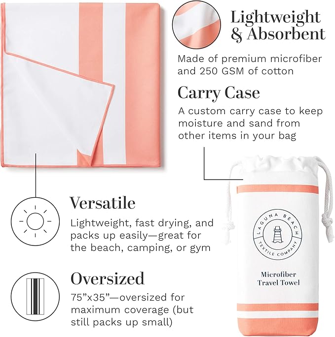 Coral Microfiber Beach Towel by Laguna Beach Textile Co - Sand Free, Light Weight Striped Pool Towel - Perfect for Yoga, Gym, Beach, Pool - Extra Large, 35" x 75"