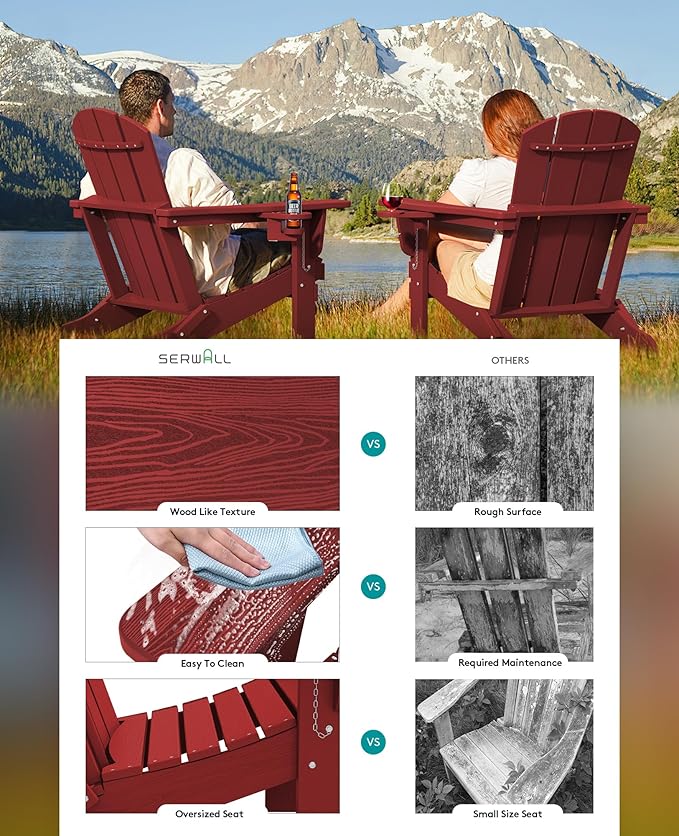 SERWALL Adirondack Chair with Cup Holders - Composite Adirondack Chairs Set of 8 HDPE Outdoor Chairs All Weather Use- Dark Red