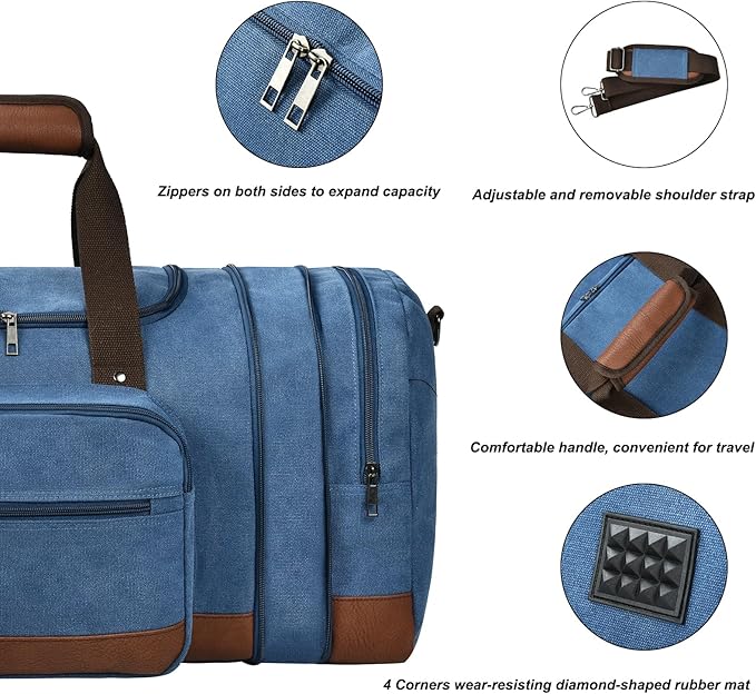 Litvyak Duffle Bag for Travel, Large 60L Canvas Travel Duffel Bags Overnight Weekend Gym Carry On Luggage Bag for Men & Women(Blue)