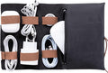 HARDISTON Genuine Leather Electronic Cable Organizer Bag Handmade Travel Cord Organizer Roll Case for Hard Drives, Cables, Charger, Phone, USB, SD Card (Medium - Black)