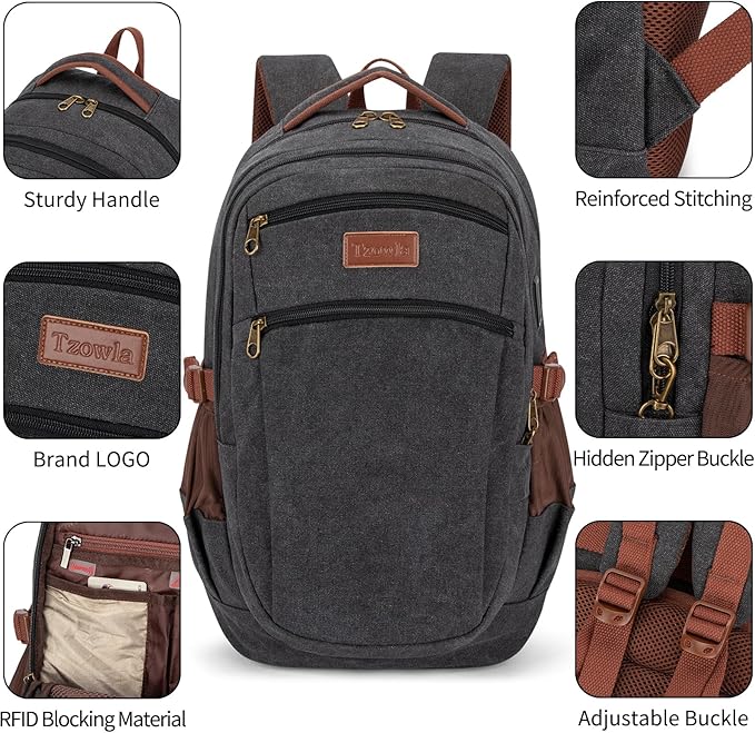 Tzowla Vintage Canvas Laptop Backpack for Men and Women,College Travel Work Rucksack with USB/Type-C Charging Port,Lightweight Bookbag Hiking Casual Daypack Backpacks Fit 15.6 Inch Notebook(Black)