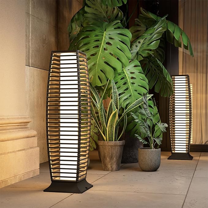 Grand patio 2-Piece Outdoor Floor Lamp Solar Powered Lantern Waterproof Wicker Boho Deck Lights for Garden Porch Decor, Large Crossover