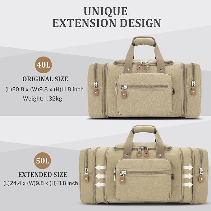 Gonex Canvas Duffle Bag for Travel 50L Expandable Duffel Weekend Overnight Bag (Khaki)