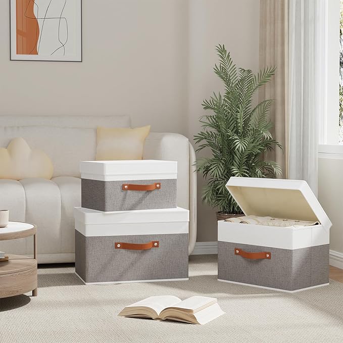 Fabric Storage Boxes with Lids, Linen Foldable Cloth Baskets, 17.7 x 11.8 x 11.8 Inch Closet Organizer Containers with Double Handles, Sweater Bins for Bedroom, White and Grey, 5 Pack