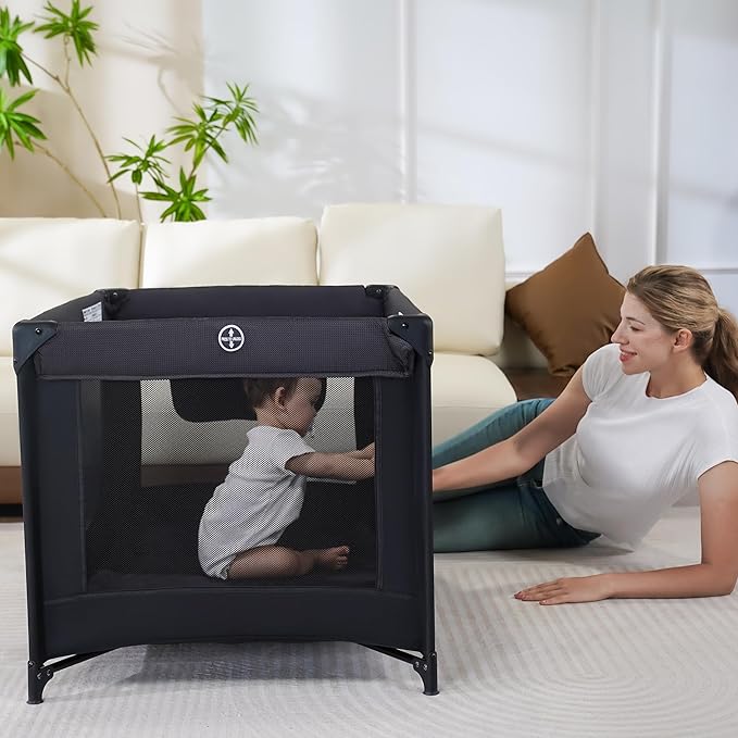 Pamo Babe Portable Crib Baby Playpen with Mattress and Carry Bag (Black)