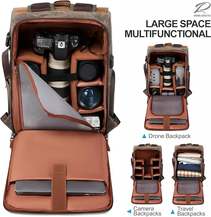 Padwa Lifestyle Coffee Camera Backpack - Weather Resistant Waxed Memory Canvas Camera Backpacks for Photographers,Multi DSLR SLR Camera Bag with 16” Laptop & Lens Compartment and Tripod Holder