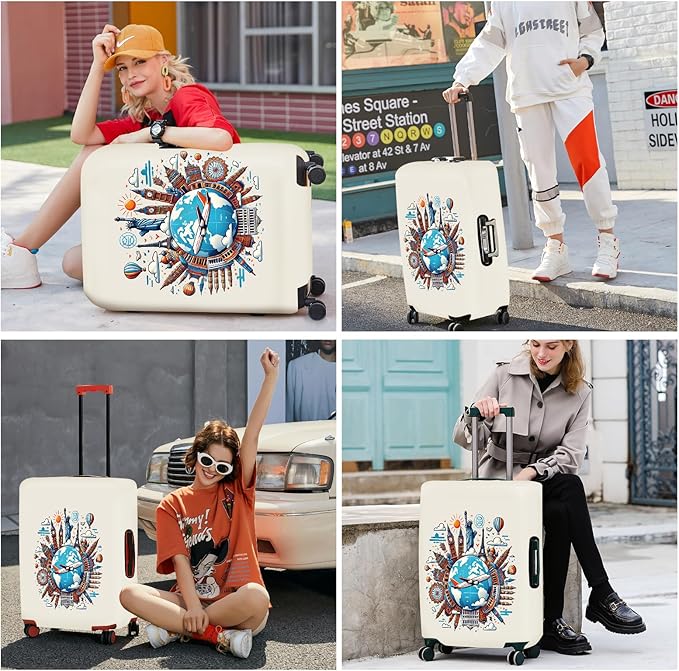 ANNA QUEEN Travel Around the World Luggage Cover, Colorful Landmark Suitcase Protector with Airplane & Globe Design, Stretchable, Washable Travel Sleeve for 20-22 Inch Luggage