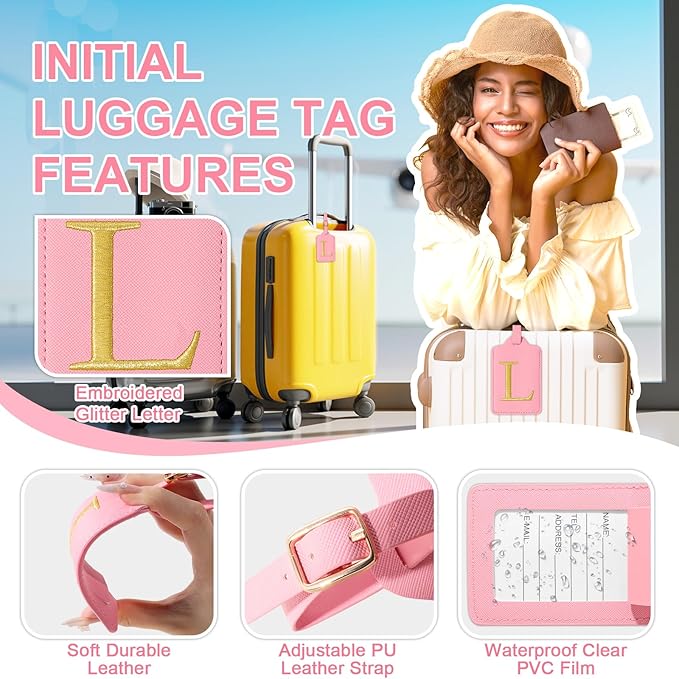 Personalized Initial Luggage Tags for Suitcase, Pink Leather Cute Luggage Tags with Privacy Cover Name Card, Embroidered Custom Monogrammed Luggage Tag Travel Bag Baggage Tags Gifts for Women Kids(L)