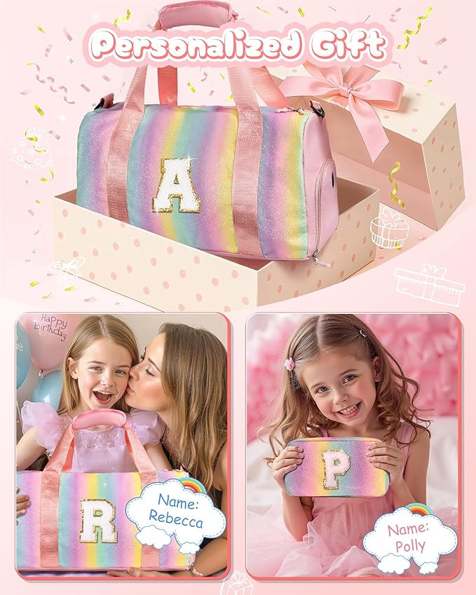 Gifts for 3 4 5 6 7 8 9 10 Year Old Girls-Girl Gym Bag with Shoe Compartment, Kid Personalized Weekender Dance Bags, Initial Travel Tote with Makeup Pouch, Gift Ideas for Kids (Letter M)