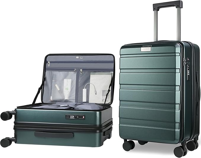 KROSER Carry On Luggage with Spinner Wheels & Built-in TSA Lock, Expandable Top Loading Hard Shell Suitcase Large Capacity Durable Rolling Luggage with USB Port, Carry-On 20-Inch, Dark Green