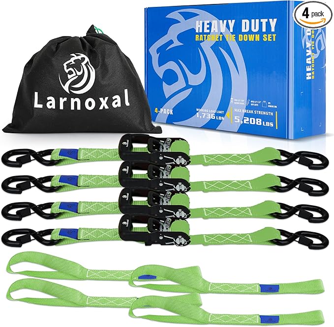 Ratchet Straps 4 Pack - 5,208 Lbs Break Strength 1.5 in x 8.2 Ft Heavy Duty Ratchet Tie Down Straps with S Hooks Set for Truck, Cargo Van, Trailer, Motorcycle (Green)