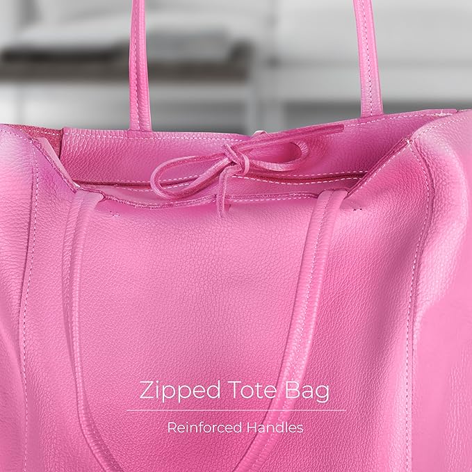 Italian Calf Leather Tote for Women with Zipper, Inner Pocket & Flat Base | Soft Unlined Shopper for Work & Travel