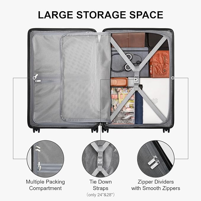 LEVEL8 Elegance Matte Luggage Set, 20 Inch Carry-on Luggage, 24&28 Large Suitcase Lightweight Hardside Suitcases with Wheels,Tsa Lock,3-Piece Set(20/24/28), Black