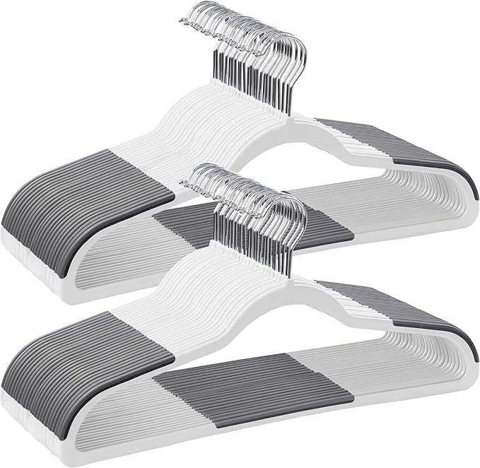 SONGMICS Clothes Hangers, Pack of 50 Plastic Coat Hangers, Space-Saving, 0.2 Inches Thick, 17.7 Inches Wide, 360° Swivel Hook, Cloud White and Dark Gray UCRP050W50