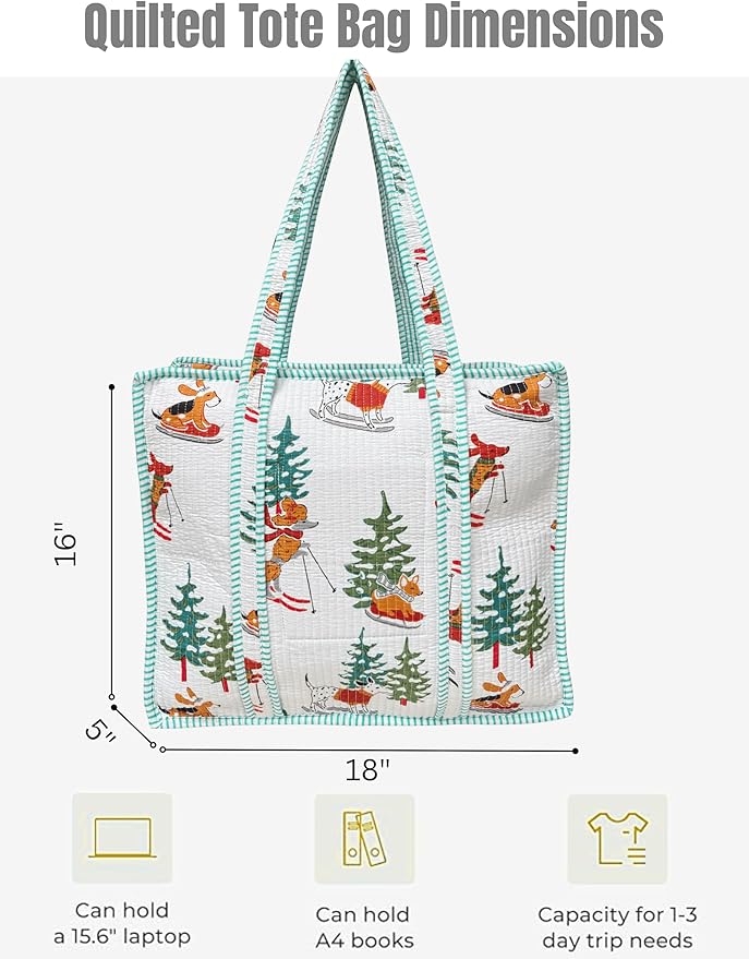 Cotton Quilted Tote Bag for Women – Large Beach & Travel Tote with Zipper, Reusable Grocery Bag