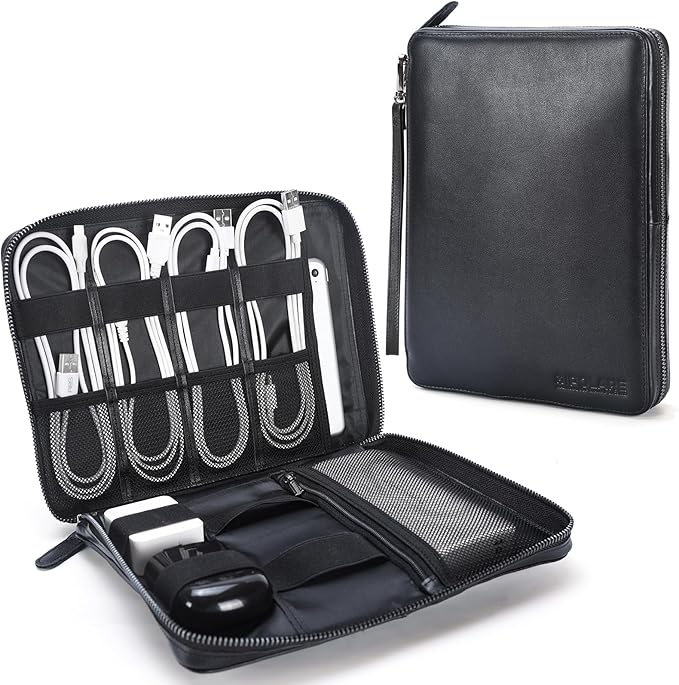 Polare Full Grain Leather Travel Cable Organizer Case Electronics Accessories Carry Bag with YKK Zippers Tech Storage Bag for Cables, Power Bank, USB, SD Card, Travel Essentials