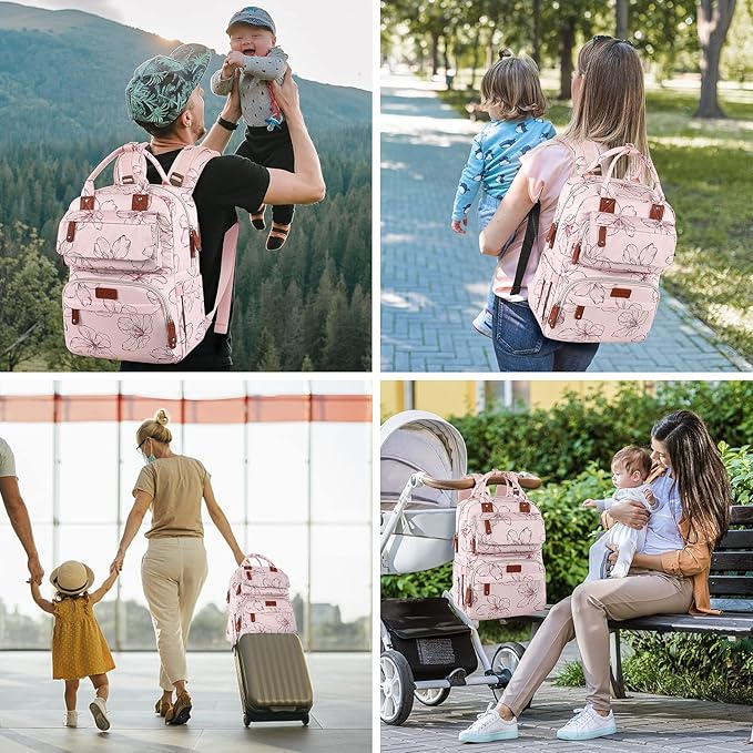 Diaper Bag Backpack, Baby Girl Diaper Bag for Mom, Large Pink Floral Diaper Bag Backpack for Girls, Waterproof Mom Backpack for Work Travel Holiday with Insulated Pockets and Stroller Straps