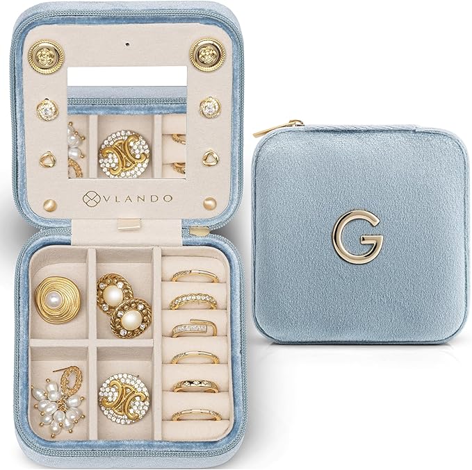 Vlando Valentines Day Gifts for Her, Bridesmaid Gifts for Women, Bridesmaid Proposal Gifts Unique Gifts, Wedding Travel Essentials Small Jewelry Box, Travel Jewelry Case - Letter G, Blue