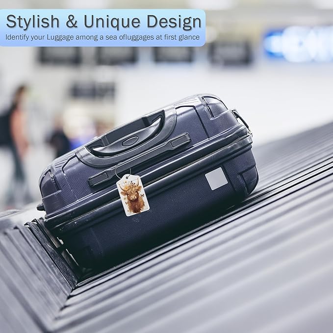 Highland Cow Luggage Tags for Suitcase,Flower Luggage Tags of Set 2 Leather Identifiers Privacy Cover with Stainless Steel Loop for Women Men Travel Bag Suitcase