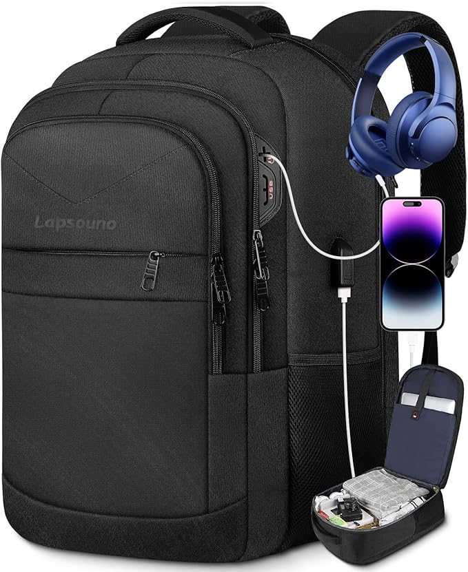 Travel Backpack, Large Carry on Backpack, 17 Inch Laptop Bag, Big Sturdy TSA-Friendly with USB Port College School Rucksack Bag, Gifts for Him Men Women, Black