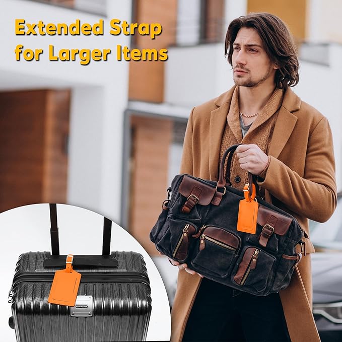 Travelambo Luggage Tags for Suitcases Faux Leather Privacy Protection 12 Pack Bag Tags Travel Accessories Essential, Hot Orange