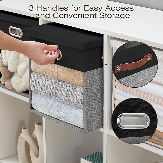Fabric Storage Cubes with Clear Windows and Lids, 13'' Foldable Storage Bins with 3 Handles, Decorative Storage Boxes for Home, Bedroom, Closet, Office (Black&Gray)