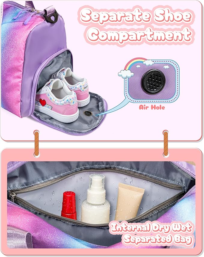 Gifts for 4 5 6 7 8 9 10 Year Old Girls-Girl Gym Bag with Shoe Compartment, Kid Personalized Weekender Overnight Bags, Initial Travel Tote with Makeup Pouch, Gift for Daughter (Letter G)